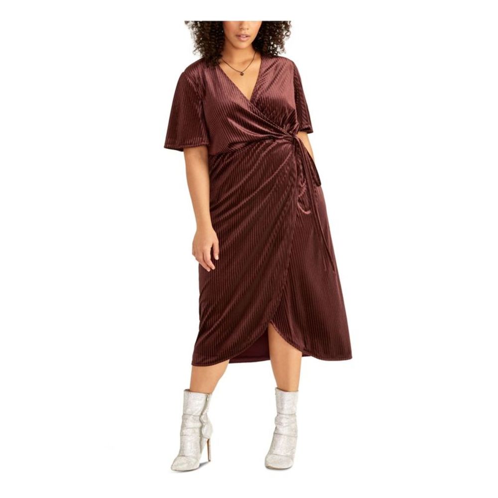 RACHEL RACHEL ROY Womens Burgundy Short Sleeve Midi Wrap Dress Plus 2X
